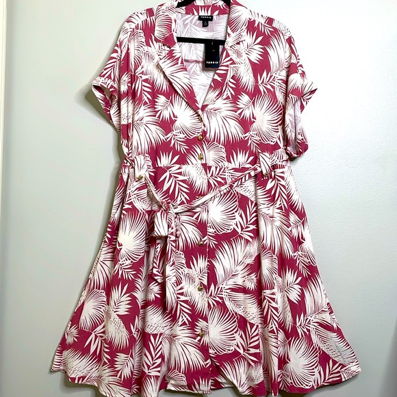 Torrid Shaded Palms Mini Rayon Slub Button Front Collared Dress Rose Size Large - Picture 2 of 13